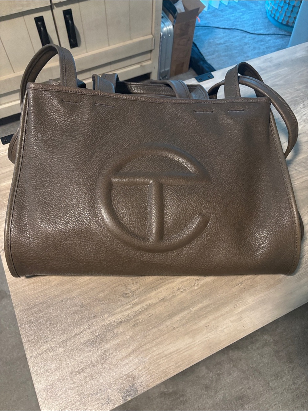 Telfar Pebble Leather (Medium) Olive Brown Leather Tote with Embossed Logo